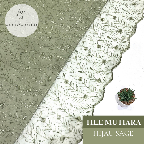 Kain Tile Mutiara Payet dan Brokat Premium Terbaru Kekinian Motif Non Random Warna Hijau Sage
