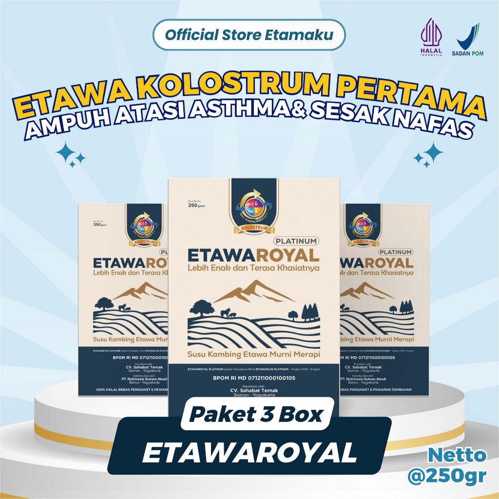 

PAKET 3BOX ETAWAROYAL PLATINUM Perubahan merk Etawaplus Platinum / ETAWAROYAL PLATINUM / ETAWAKU / SUSU ETAWA / SUSU KAMBING UNTUK ASHMA, SESAK NAFAS, NYERI SENDI DAN REMATIK