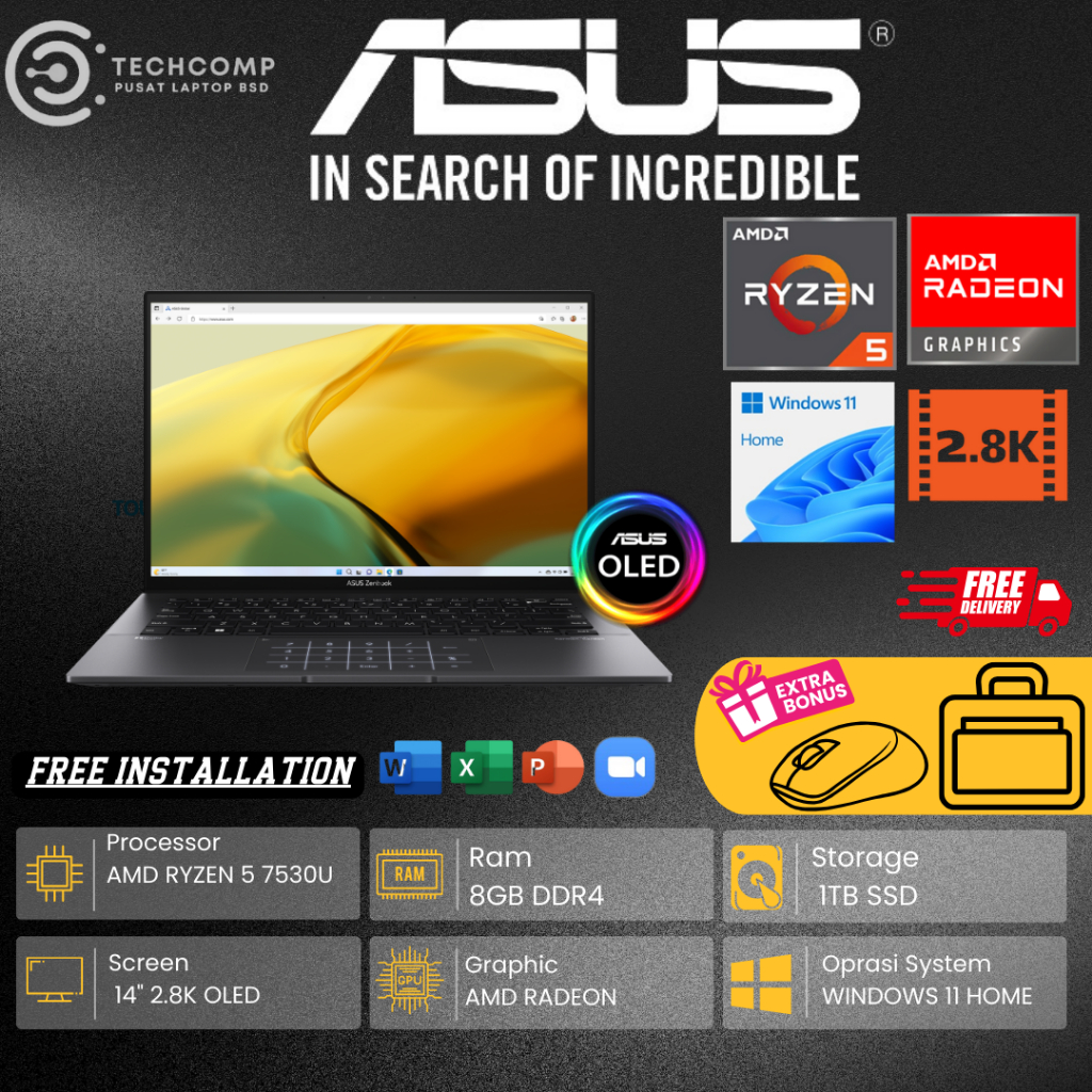 LAPTOP TERBARU ASUS ZENBOOK OLED 14 UM3402YA AMD RYZEN 5 7530U RAM 8GB 512GB SSD 2.8K TOUCHSCREEN WI