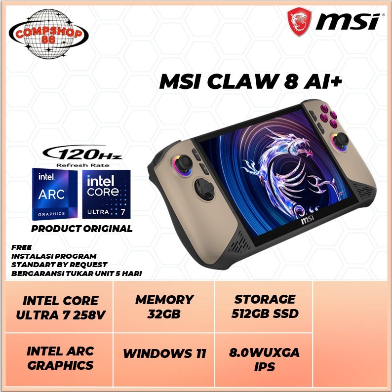 Msi Claw 8 AI+ Ultra 7 258V Memory 32GB / 512GB Ssd W11 8.0 WUXGA 120HZ IPS 100SRGB