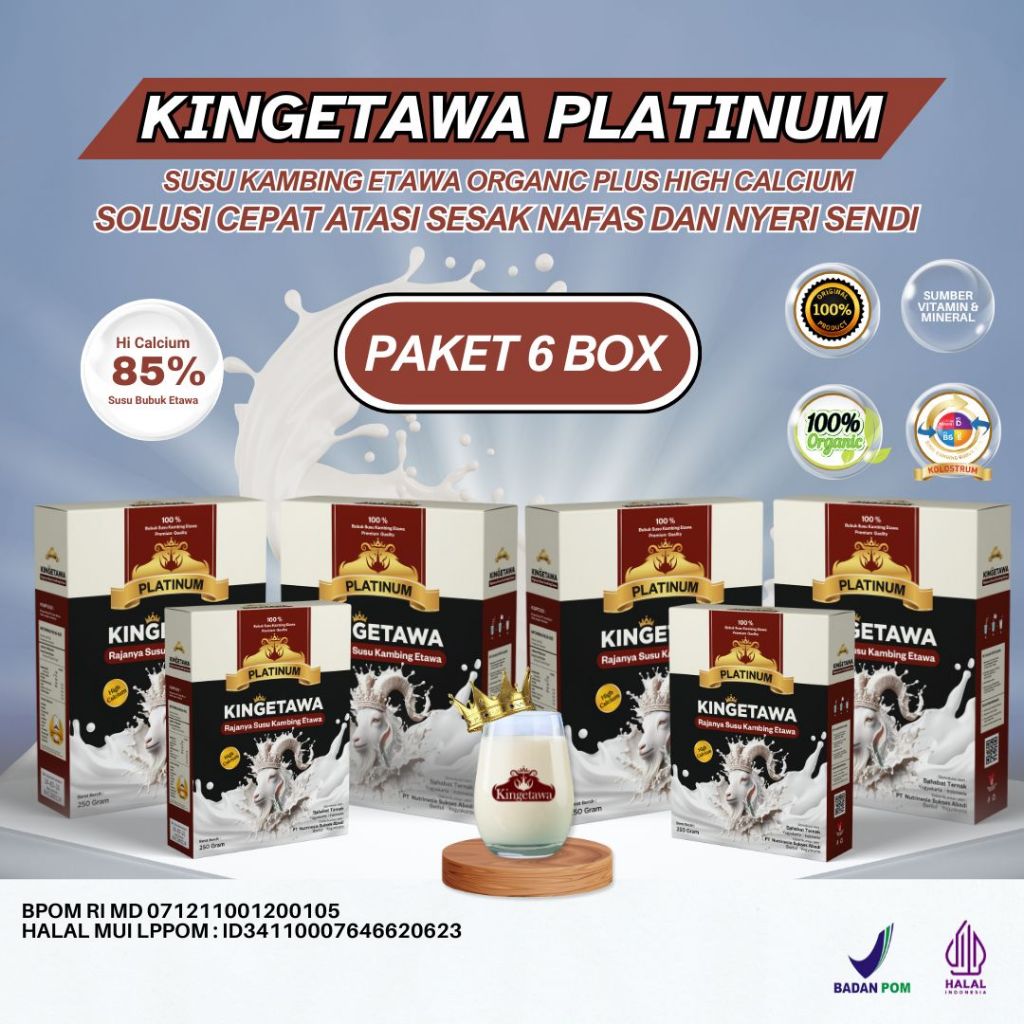 

Kingetawa Platinum Susu Kambing Etawa Premium Grade A Plus Efektif Untuk Keluhan Nyeri Dada, Pernafasan, Ashma, Batuk, Pegal Linu, Osteoporosis dan Rematik Kemasan 250gram Paket 6 Box