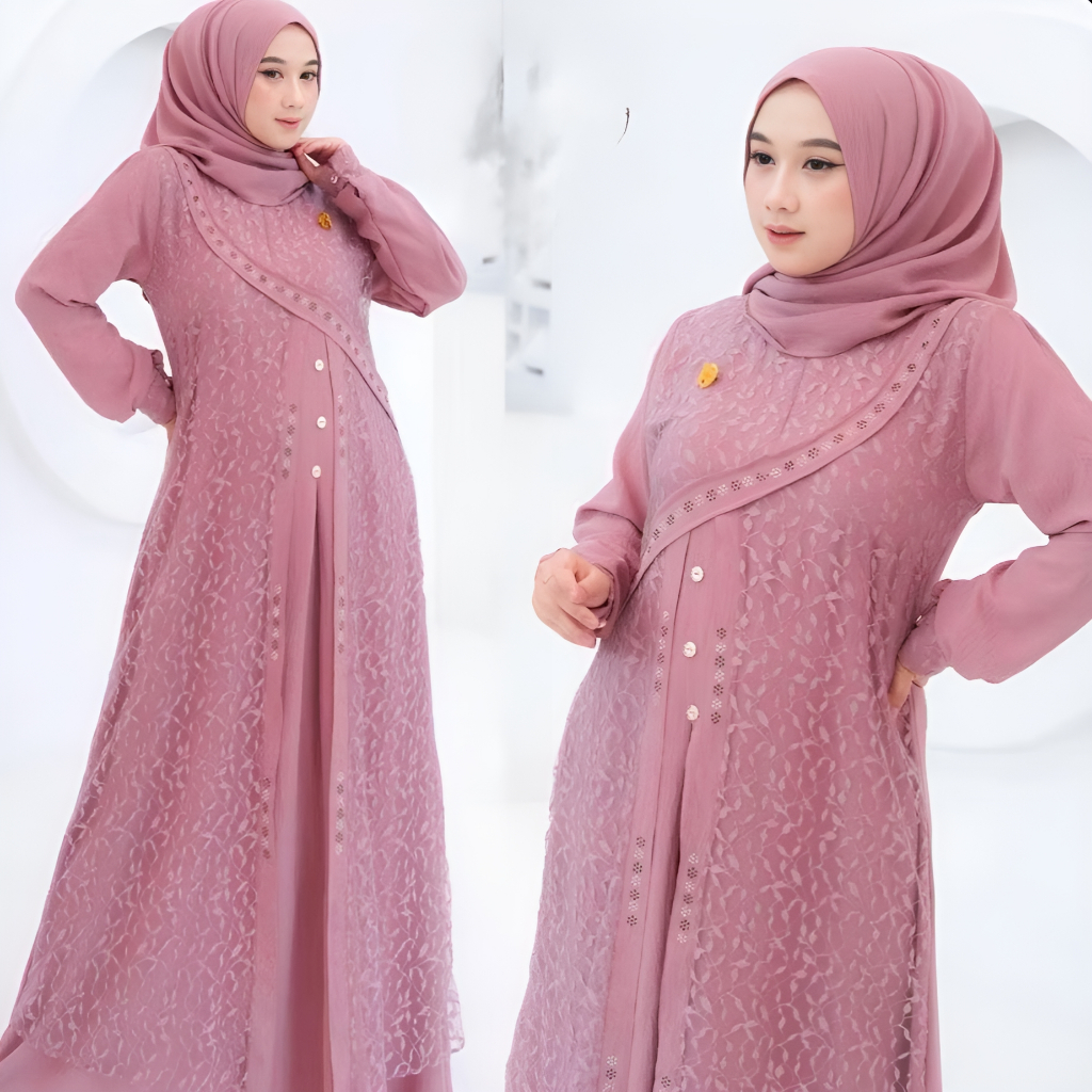 Viral  Gamis Free Hijab Pashmina Brukat Pesta Kondangan Wanita Zalfa Dress Lebaran Mewah Elegan