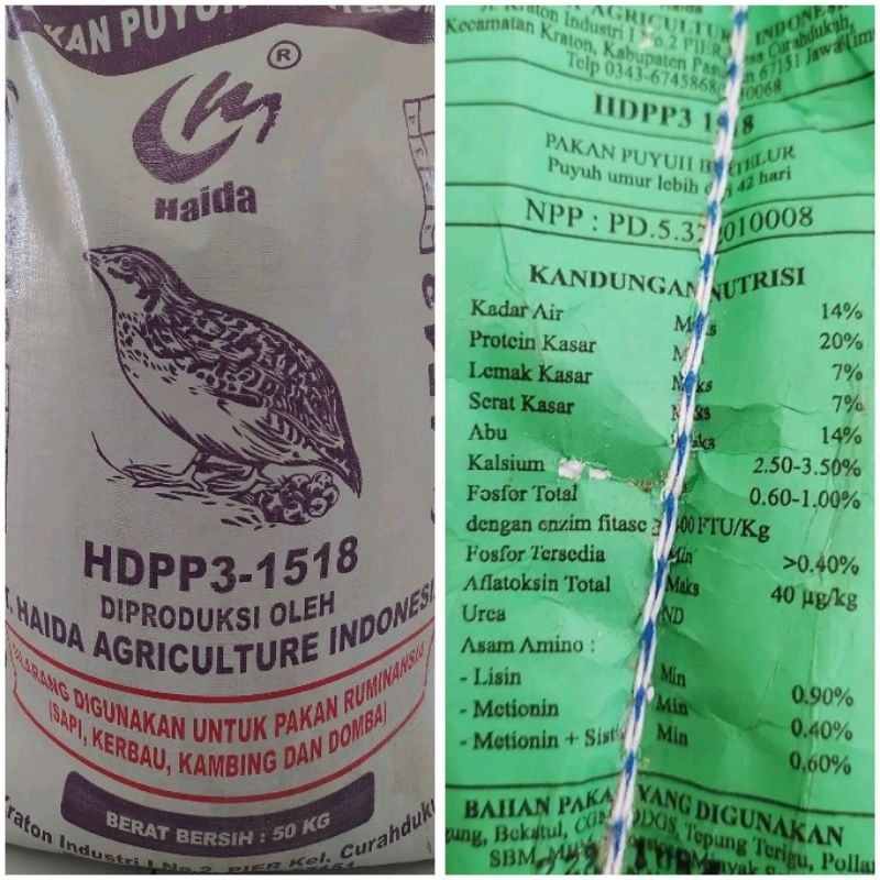 Haida Pur pakan burung puyuh petelur 1518 haida 1 kg