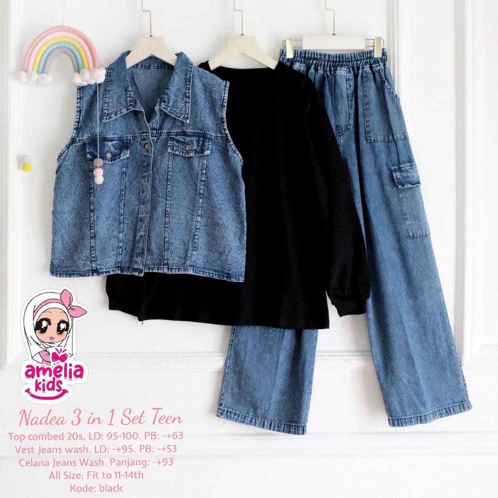 Nadea 3 In 1 set Teen Amelia Kids Setelan Anak Wanita Bahan Combeds Mix Jeans Wash Usia 11-14 Tahun
