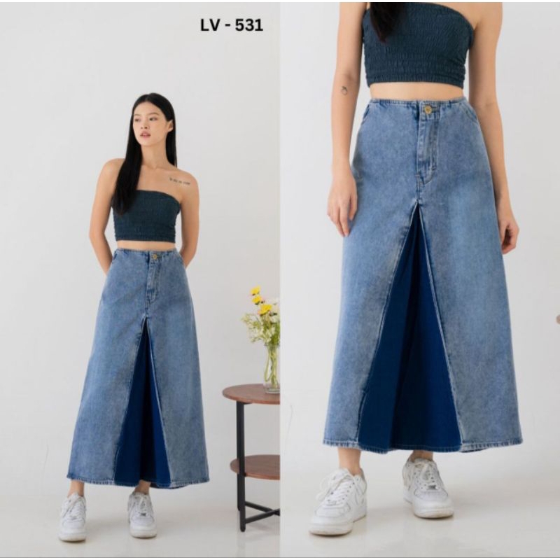Rok Jeans Two Tone Bagian Depan A Line Belah Belakang Bawahan Wanita - Panjang - Linen