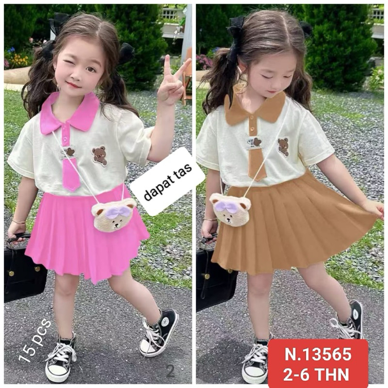 setelan baby rok plisket anak perempuan import  free tas boneka