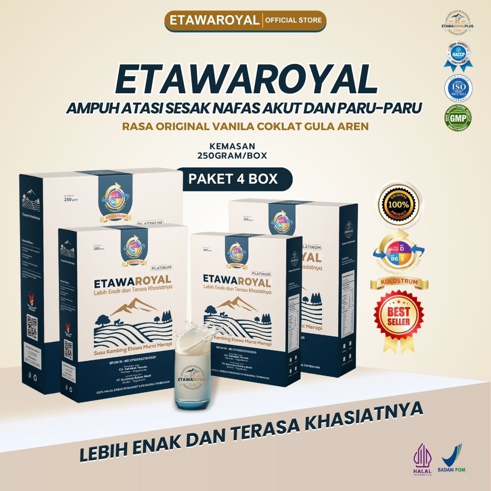 

Susu Kambing ETAWAROYAL Perubahan Merk Etawaplus Platinum Asli - Platinum Kolostrum Untuk Sesak Nafas, Ashma, Pegal Linu & Osteoporosis - Paket 4 Box Kemasan 250gr