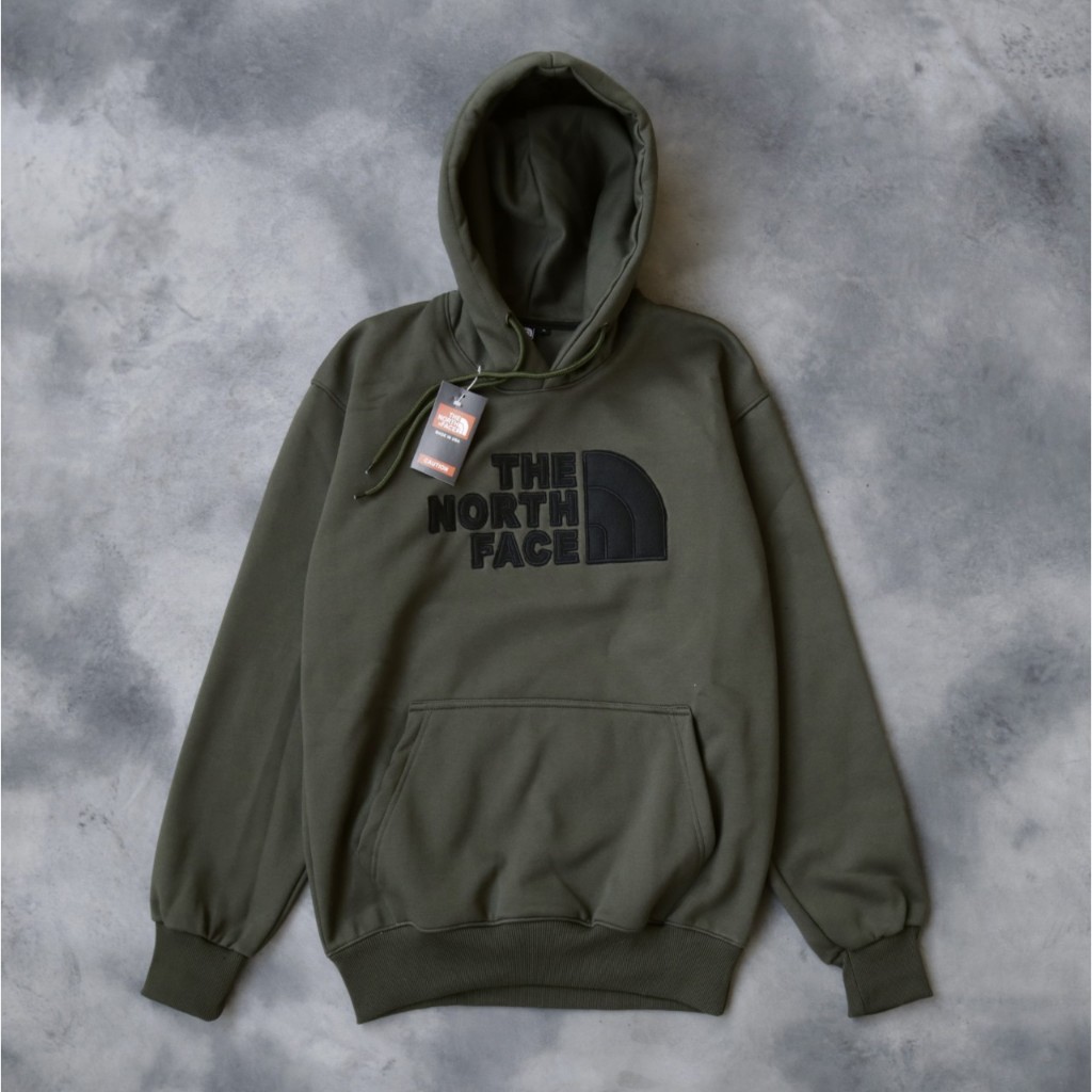 Jaket Sweater Hoodie TNF Bordir Warna Hijau Army Polos Bahan Katun