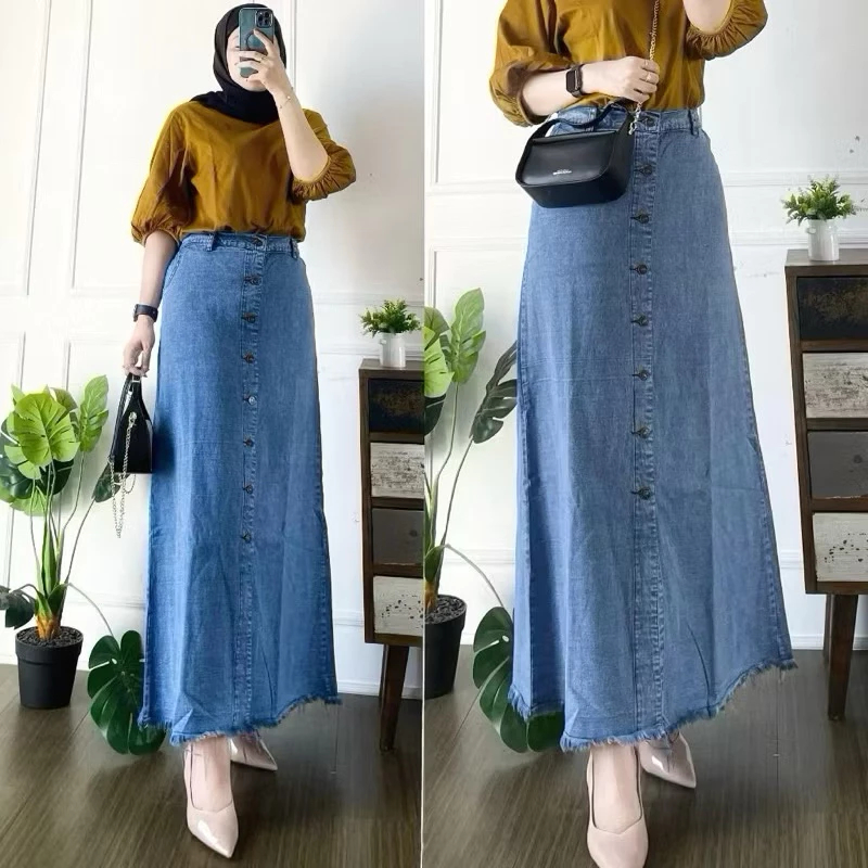 Rok Jeans Panjang Gisca Kancing Depan Murah Rok jeans panjang kancing
