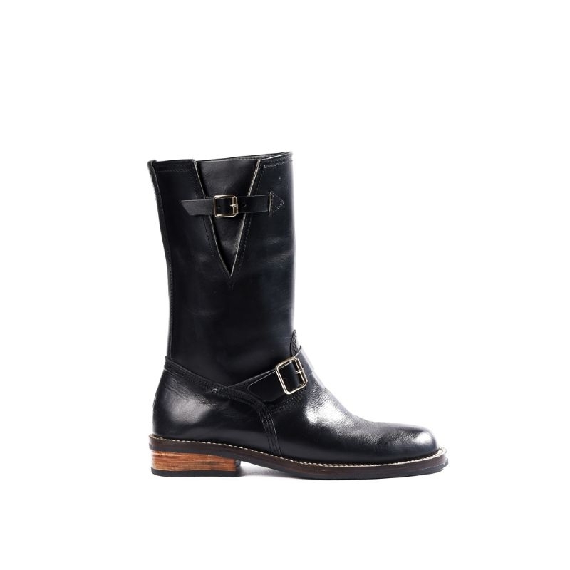 M&T Engineer Boots Pria Andreas Black Leather - Goodyear Welted Double Raw