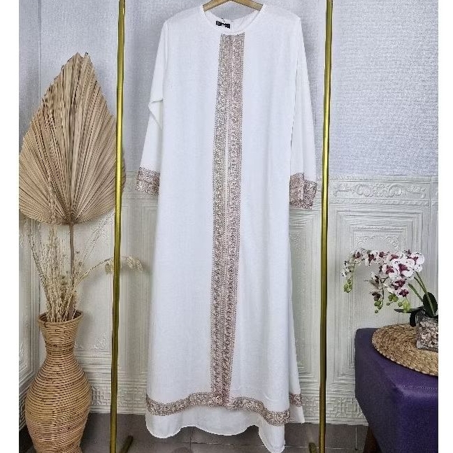 ABAYA NAURA PUTIH XL Gamis Putih Denga Renda Hiasan