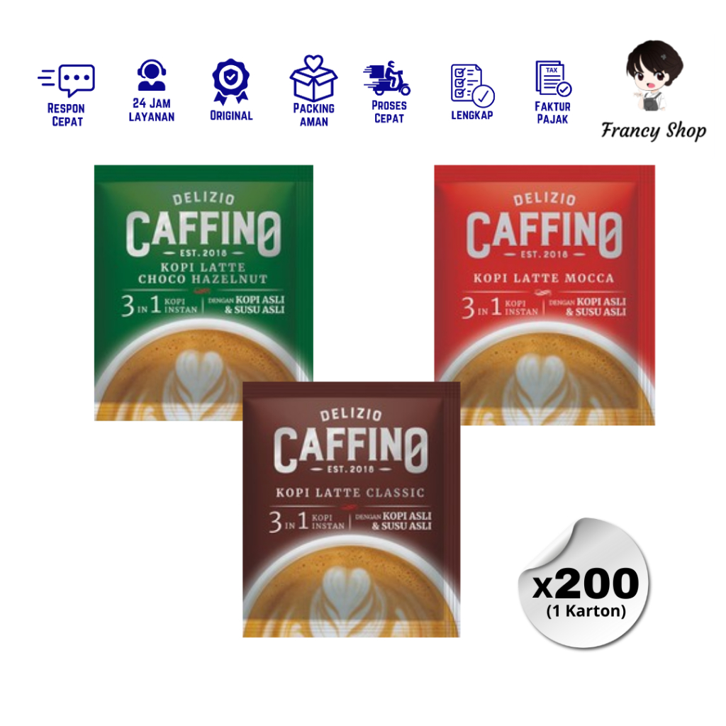 

Paket Murah Kopi Delizio Caffino Kopi Latte Classic / Latte Mocca / Choco Hazelnut 20 gr x200 Pcs (1 Karton)