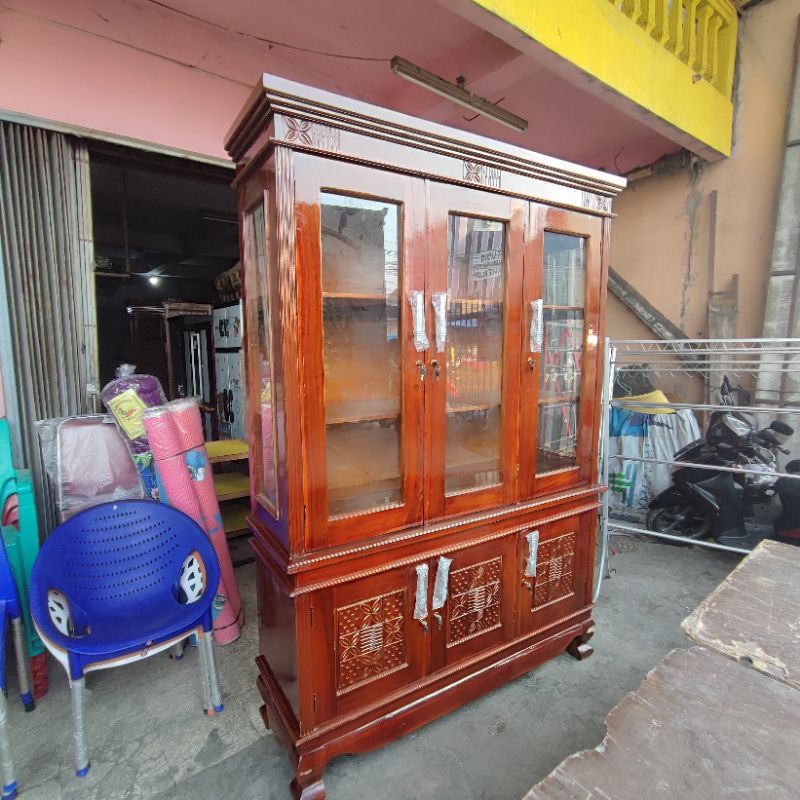 lemari buku serbaguna minimalis kayu jati 3 pintu