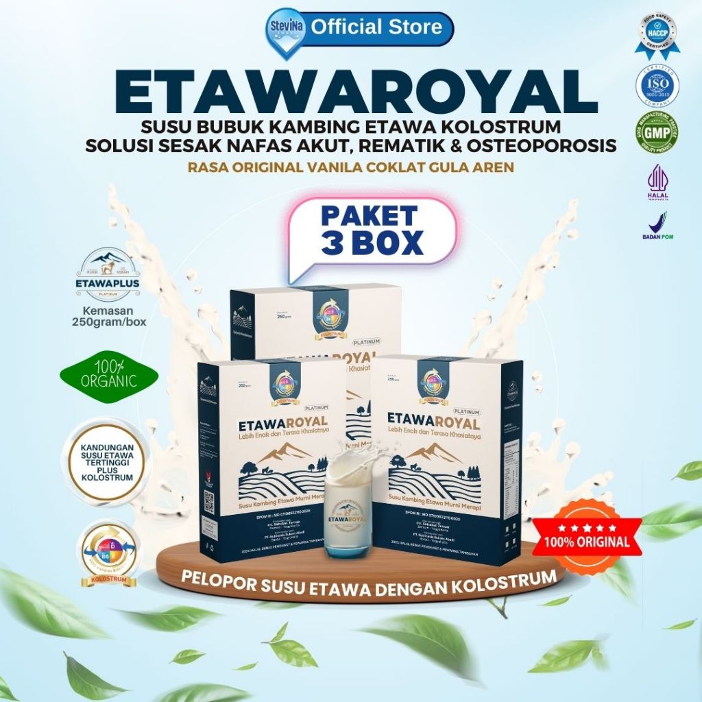 

ETAWAROYAL Platinum - 3 Box Susu Kemasan 250grm - Kambing Etawa Premium Untuk Therapi Nyeri Sendi, Pegal Linu, Keluhan Pernafasan, Asam Lambung