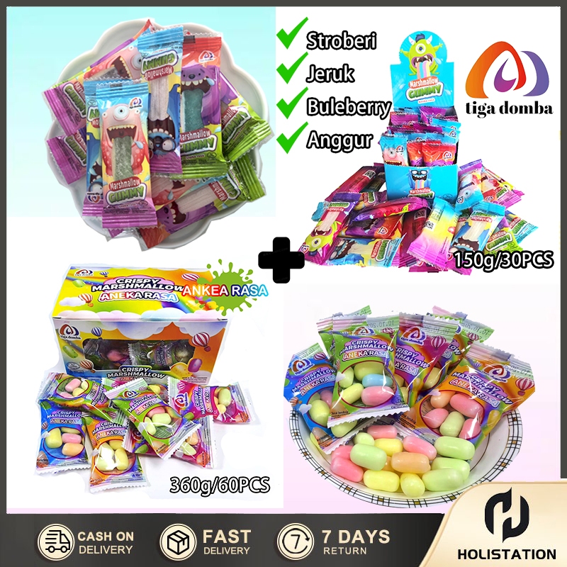 

2 box 60 Pcs-Crispy Marshmallow-Aneka Rasa Buah+150g 30 PCS 1 box @30 Pcs-Marshmallow Gummy-Aneka Rasa Buah