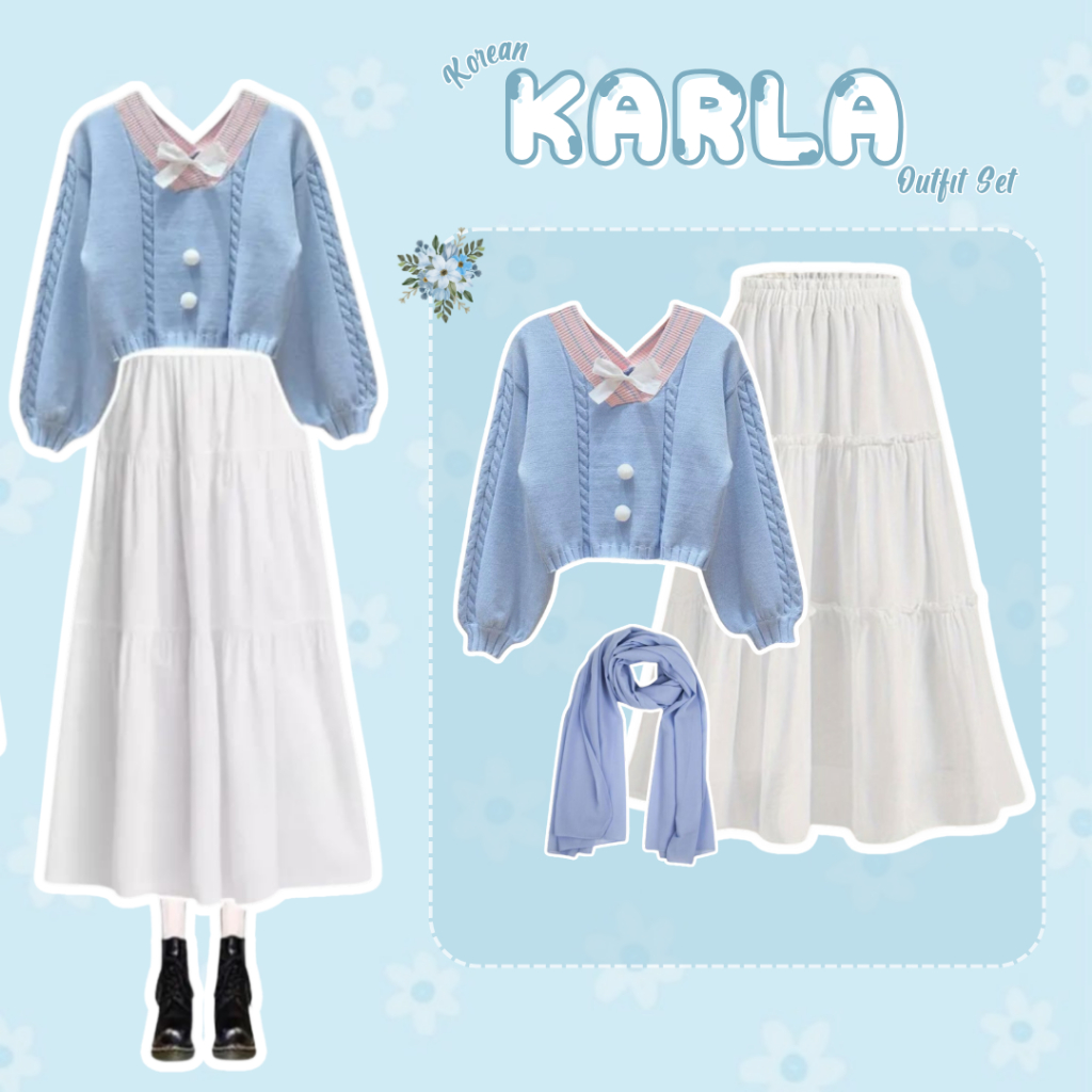 Karla Outfit Set [ Sweater +Rok Susun + Pashmina ]OOTD Korean Simple Cocok Untuk Hangout dan Ngampus