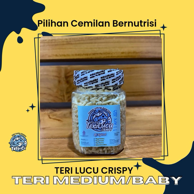 

Beby Teri Lucu ,Teri Crispy ,teri medium Camilan sehat ,Makanan Kering ,lauk nasi netto 55 gram