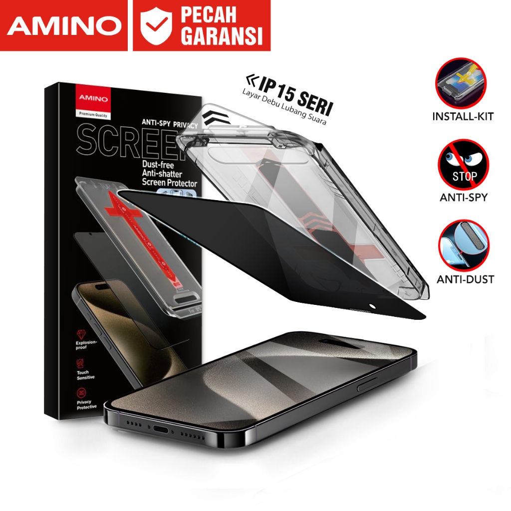 AMINO Easy Install Kit Anti SPY Tempered Glass Untuk Iphone 15 Pro Max 15 Pro 15 Plus 15 Privacy Ful