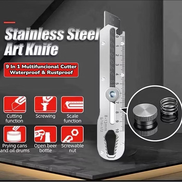 

PISAU CUTTER STAINLESS Multifungsi pisau baja utility knife Cutter Besar pemotong serbaguna 9in1 penggaris pembuka tutup botol