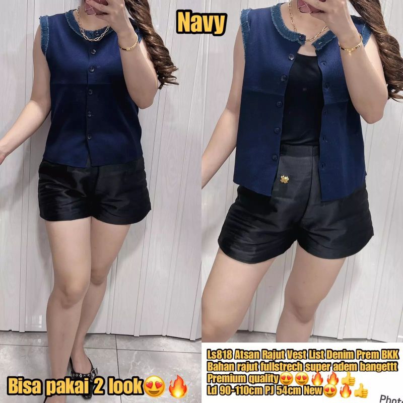 ls818 atasan rajut vest list denim premium import
