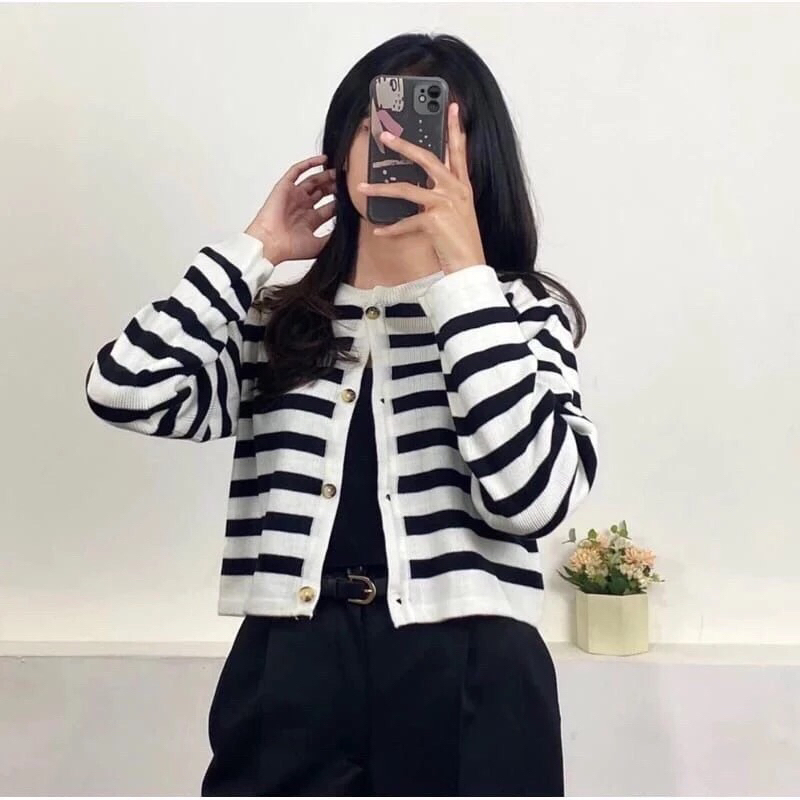 Maura Cardigan Rajut Stripe | Outer Korean Knit Crop Wanita | Cardigan Korean Style Kekinian