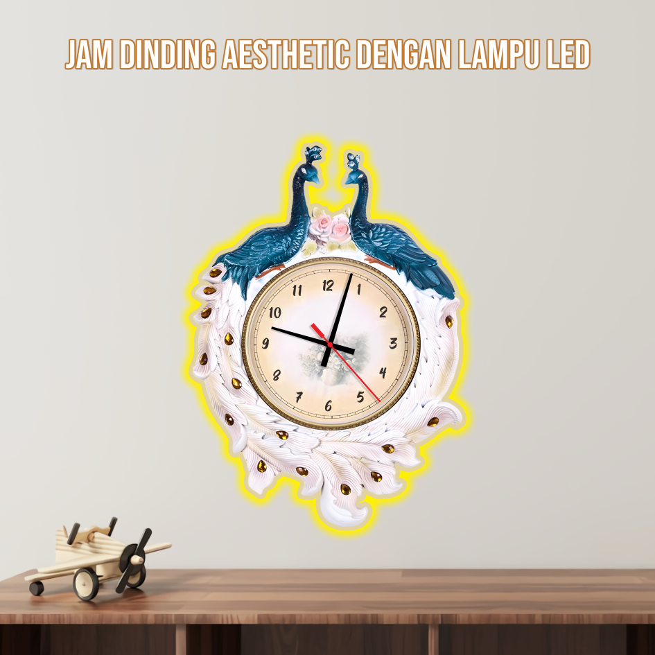 Jam Dinding Aesthetic Lampu Karakter Nuansa Hewan BURUNG  MERAK  Dekorasi Ruang Tamu Kamar Tidur