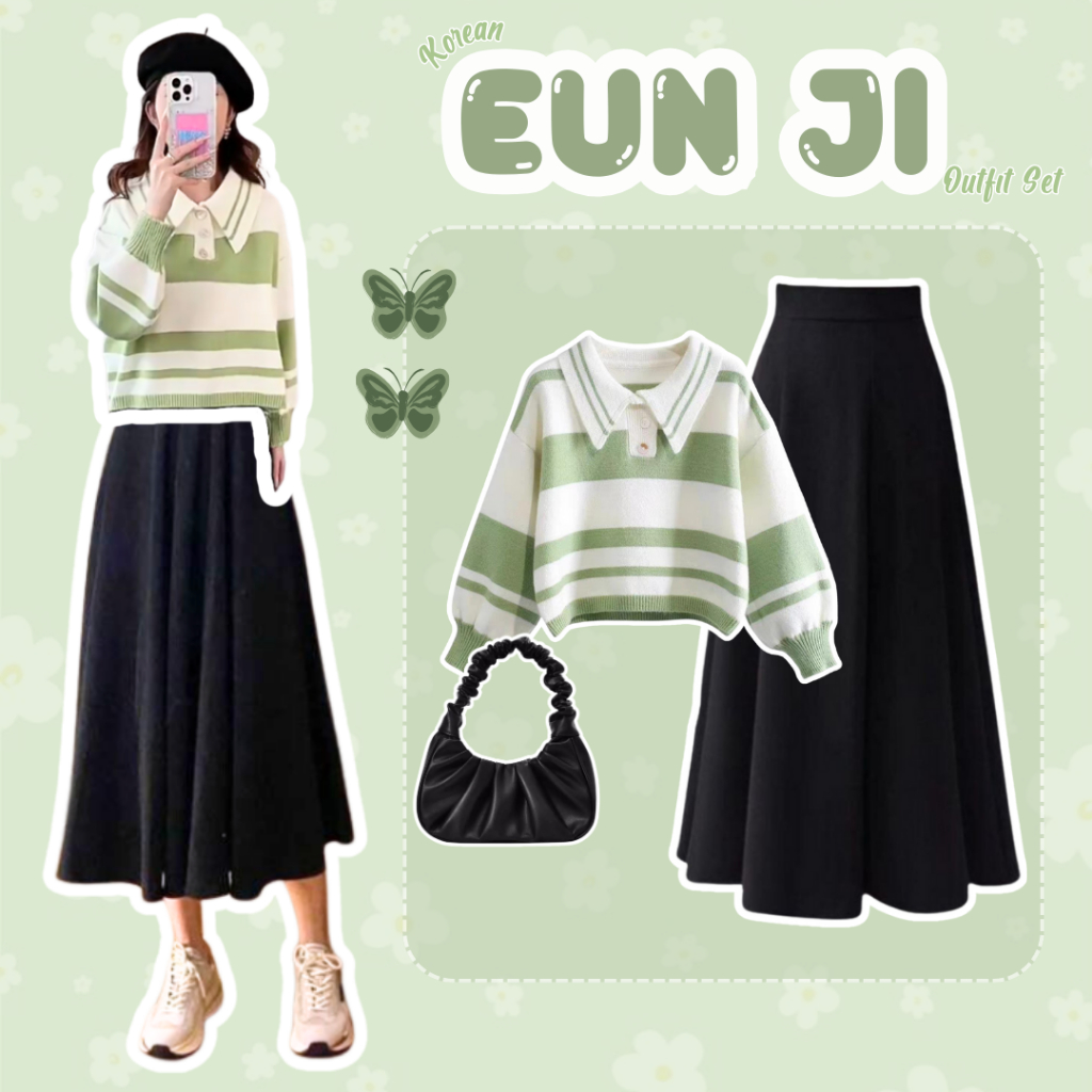 Eun Ji Outfit Set [ Sweater + Rok Payung + Tas ]  OOTD Korean Simple Cocok Untuk Hangout dan Ngampus