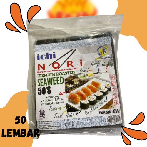 

ICHINORI SUSHI NORI 50 LEMBAR / SUSHI NORI PANGGANG / NORI HALAL / DRIED SEAWEED /