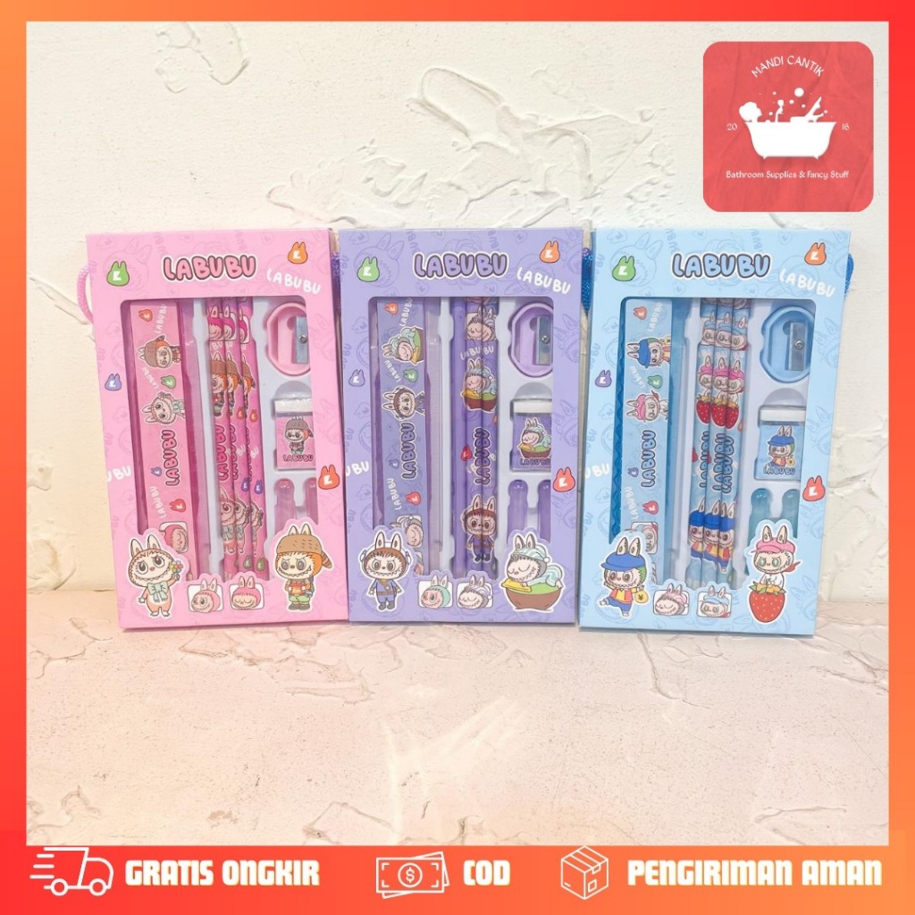 

Set Alat Tulis Box Labubu 5 in 1 SAT-1754 / Hampers stationery alat tulis labubu pastel pink biru ungu / Set alat tulis penggaris pensil rautan peenghapus