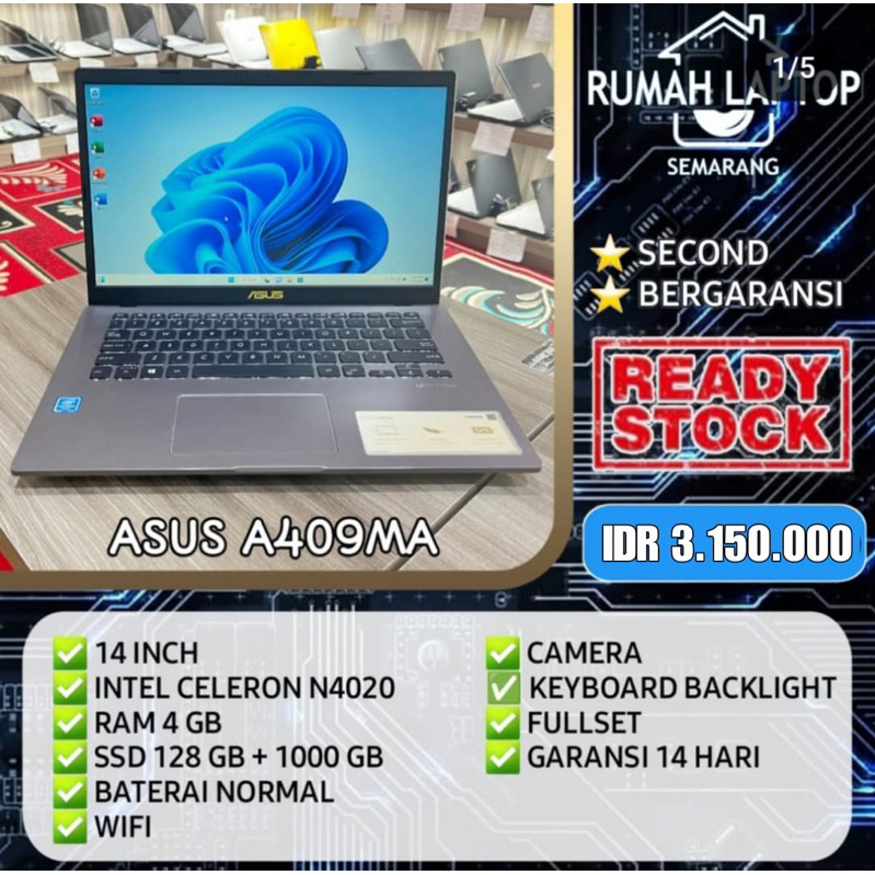 Laptop Asus A409M (second). Intel Celeron N4020. RAM 4 GB. SSD 128 GB + HDD 1000 GB. Fullset