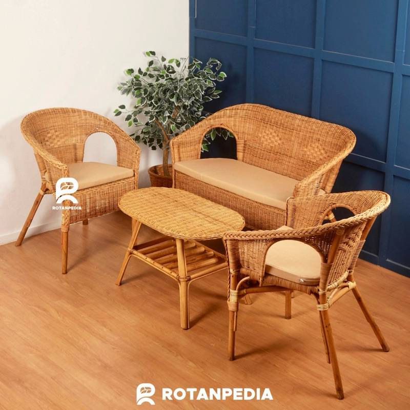 (Luar Jawa) Kursi Tamu Kelek Rotan Anyaman Minimalis 1 Set | Kursi Sofa Tamu Rotan | Kursi Halaman R