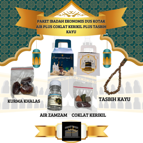 

Paket ibadah ekonomis dus kotak air plus coklat kerikil plus tasbih kayu oleh-oleh haji dan umroh