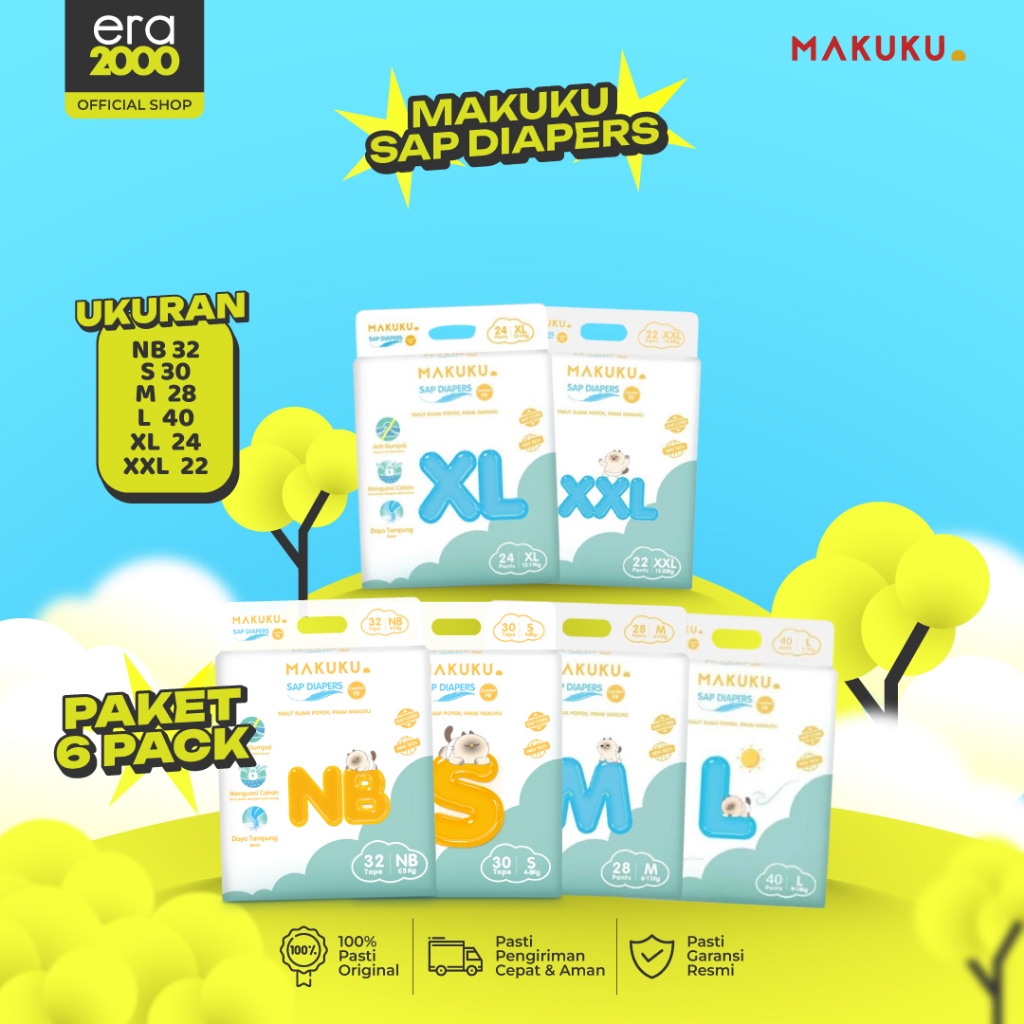 Era 2000- [6 Pack] Makuku SAP Diapers Comfort Fit NB32/S30/M28/M42/L26/L40/XL24/XL38/XXL22 Popk Bayi