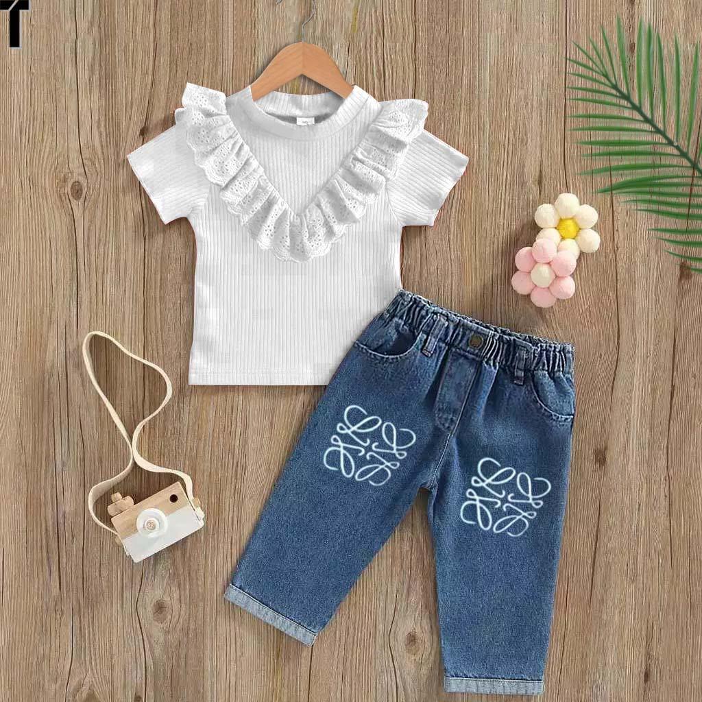 SETELAN BAJU ANAK PEREMPUAN KAOS KNIT RENDA CELANA DENIM PANJANG USIA 1-5TAHUN