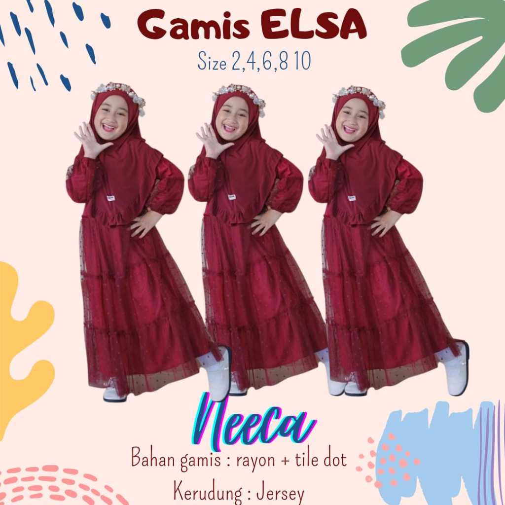 Gamis Elsa Set Kerudung Warna Maroon Gamis Anak Bahan Rayon Twill Tile Dot Neeca Size 2 4 6 8 10 Tah