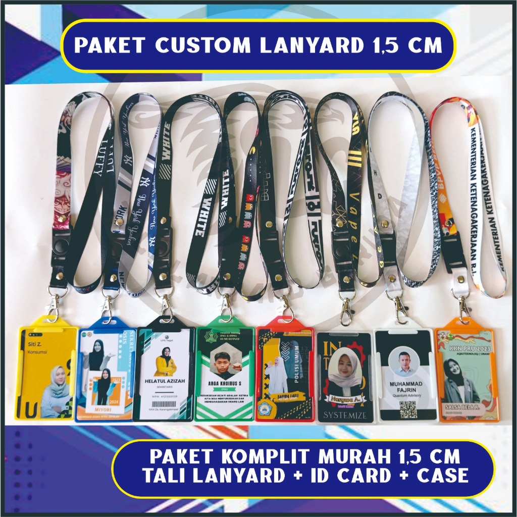 

SATU SET PAKET LENGKAP CUSTOM 1,5 CM MURAH CETAK Tali Lanyard, ID CARD