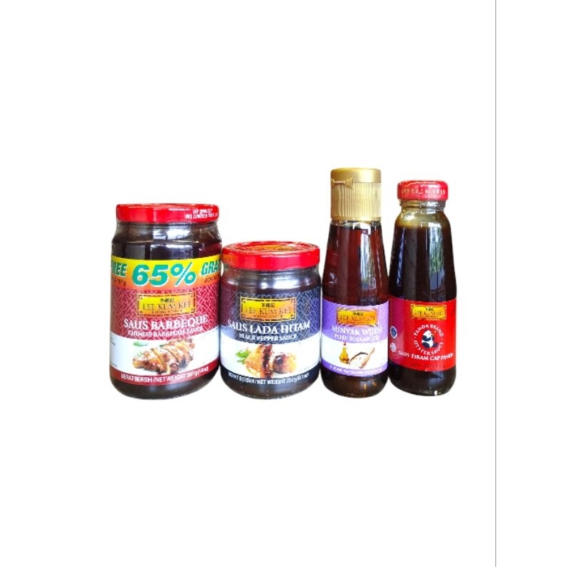 

Lee Kum Kee Saus Tiram cap panda 145 gr, Char Siu (BBQ) 397 gr, Lada Hitam 230 gr, Minyak Wijen 115 gr