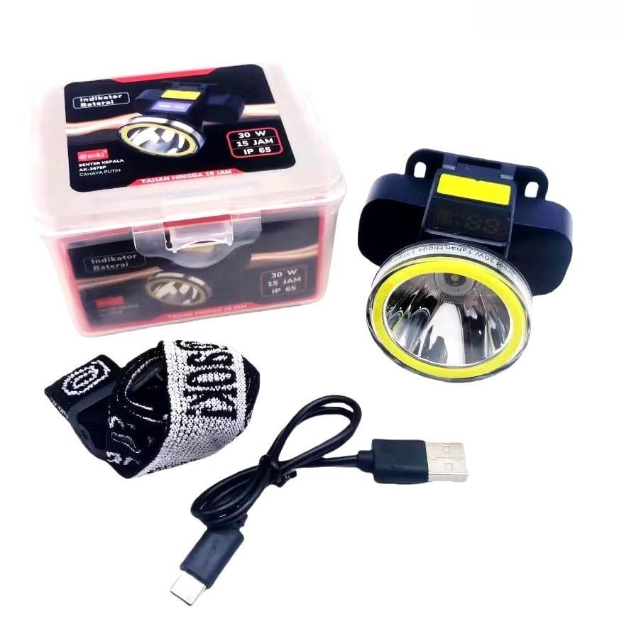 Senter Kepala LED Headlamp 30 Watt Aoki AK-3679P Cahaya Putih  Super Terang Baterai 1800mAh