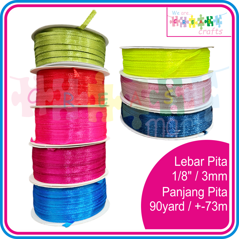 

Pita / Tali Satin Lebar 3mm atau 1/8 inch Panjang 80yard / +-73meter Pita Polos Rol Banyak Warna