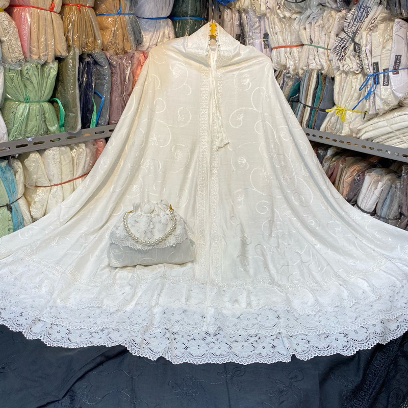 Elziya- Mukena Mewah polo Linen rayon 2 in 1 Renda Susun Import Putih Hitam