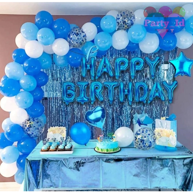 Paket Dekorasi Ulang Tahun Balon Happy Birthday Warna Biru Set Dekor Ulang Tahun Tirai Biru