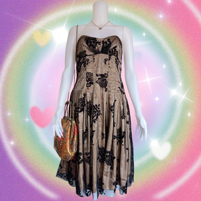 VINTAGE 90S JUNO DRESS COLLECTION GORGEOUS VELVET LACE RUFFLE GOLD MIDI DRESS