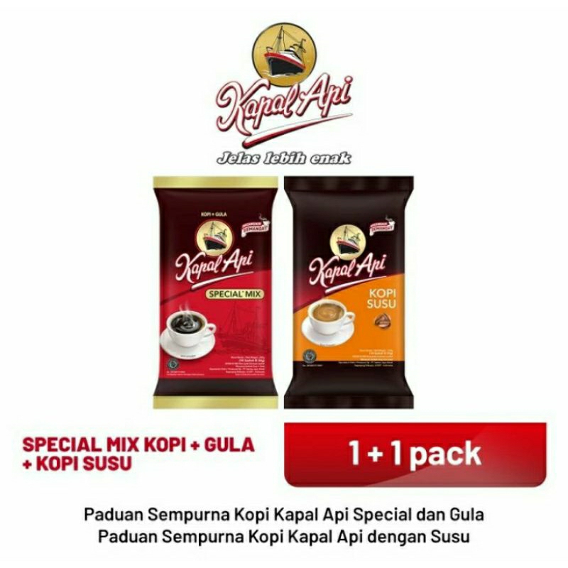 

1 x KAPAL API Special Mix 1 Pack (10 x 23 gr) 1 x KAPAL API Kopi Susu 1 Pack (10 x 31 gr)