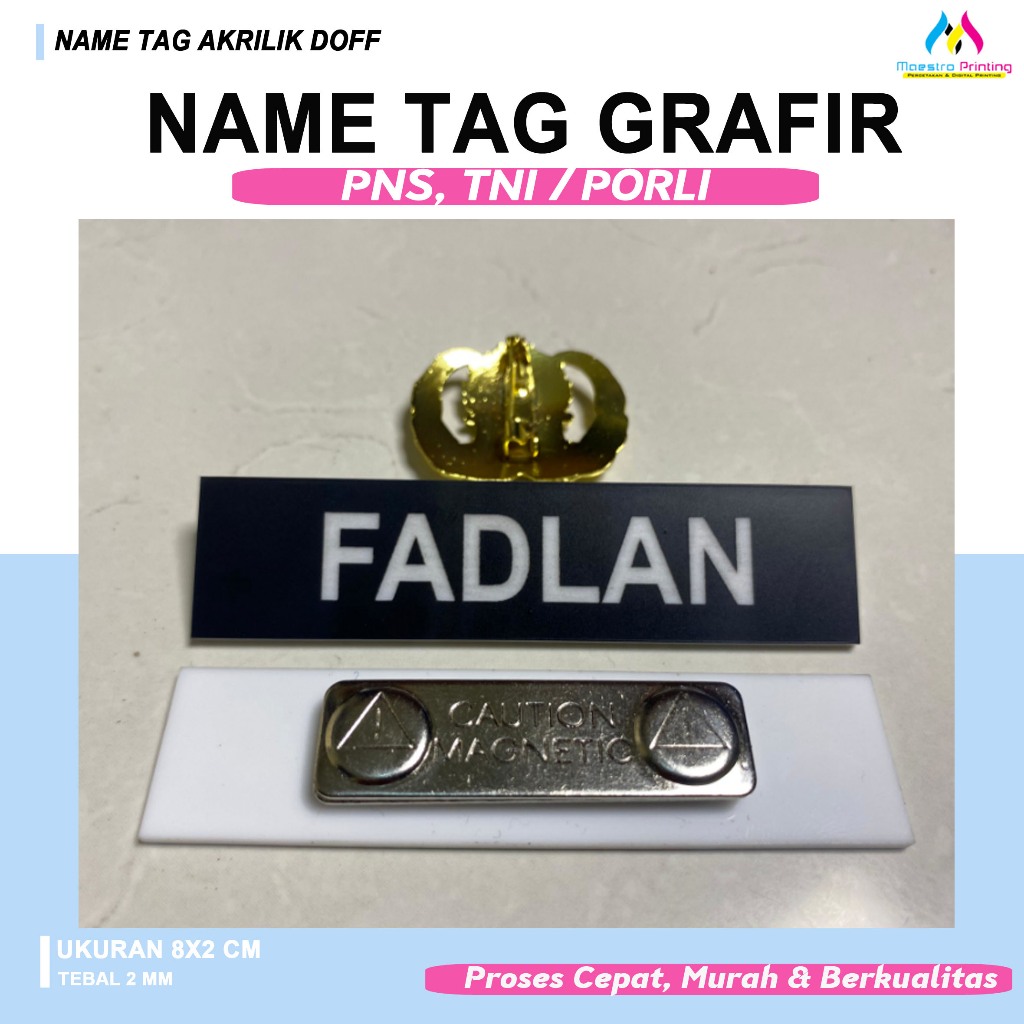 

PAKET 1 PCS NAME TAG GRAFIR DOFF + 1 PCS PIN KORPRI / BAD NAMA DADA PDH