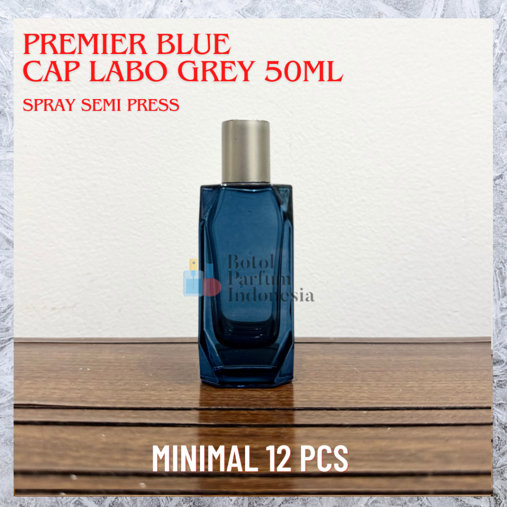 Botol Parfum Kaca Premier Blue Transparan 50ml Cap Labo Grey Spray Semi Press - BOTOL PARFUM KACA 50