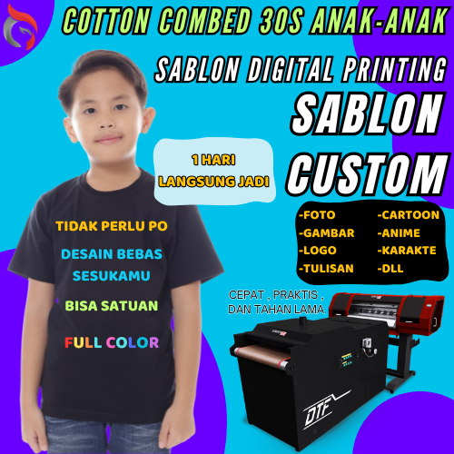 Kaos Custom Anak Lengan Pendek Cotton Combed 30s Jenis Sablon DTF /Bebas Custom Tulisan / Gambar / L