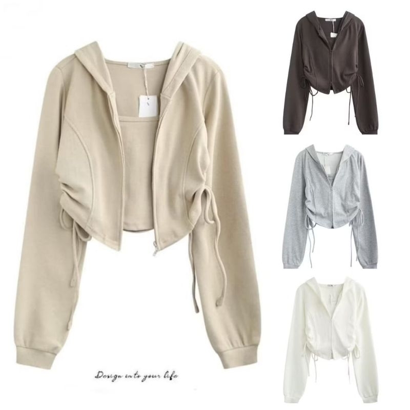 Adella crop jaket polos wanita model tali serut | Sweater atasan hoodie zipper wanita kekinian