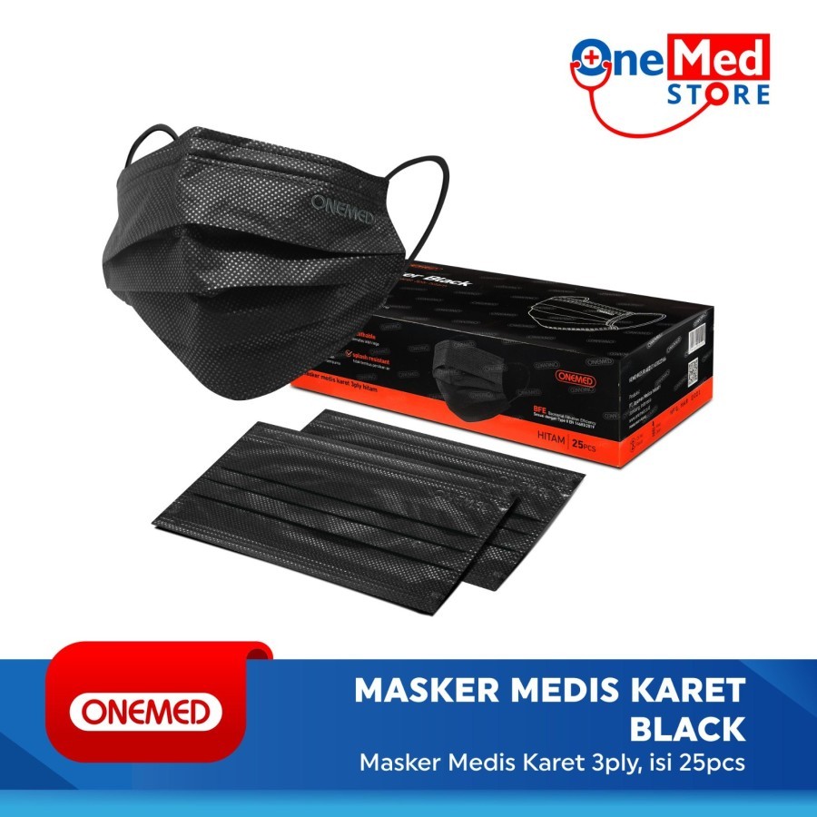 Onemed Masker Karet Medis 3ply All Black Box Isi 25 OJ