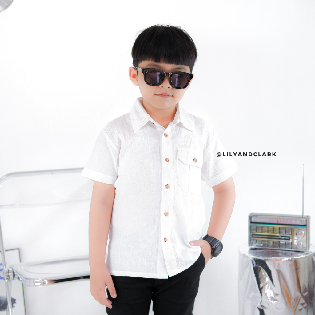 LILY AND CLARK Kemeja Pendek Anak Linen Crinkle KLK02 PUTIH