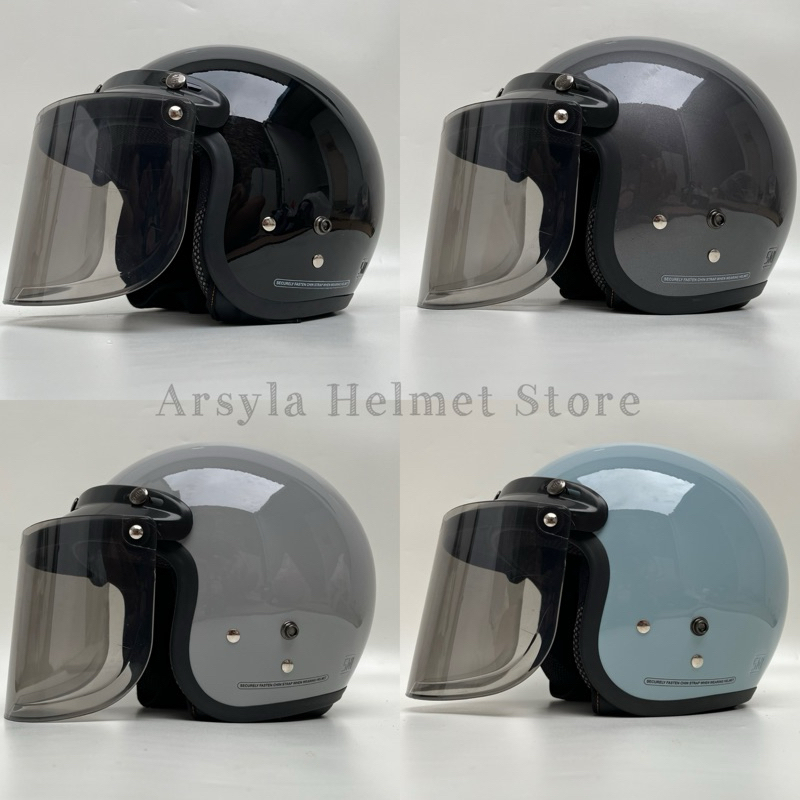 Helm Retro Dewasa SNI Kaca Datar Hitam / Helm Bogo Premium Polos Wanita dan Pria